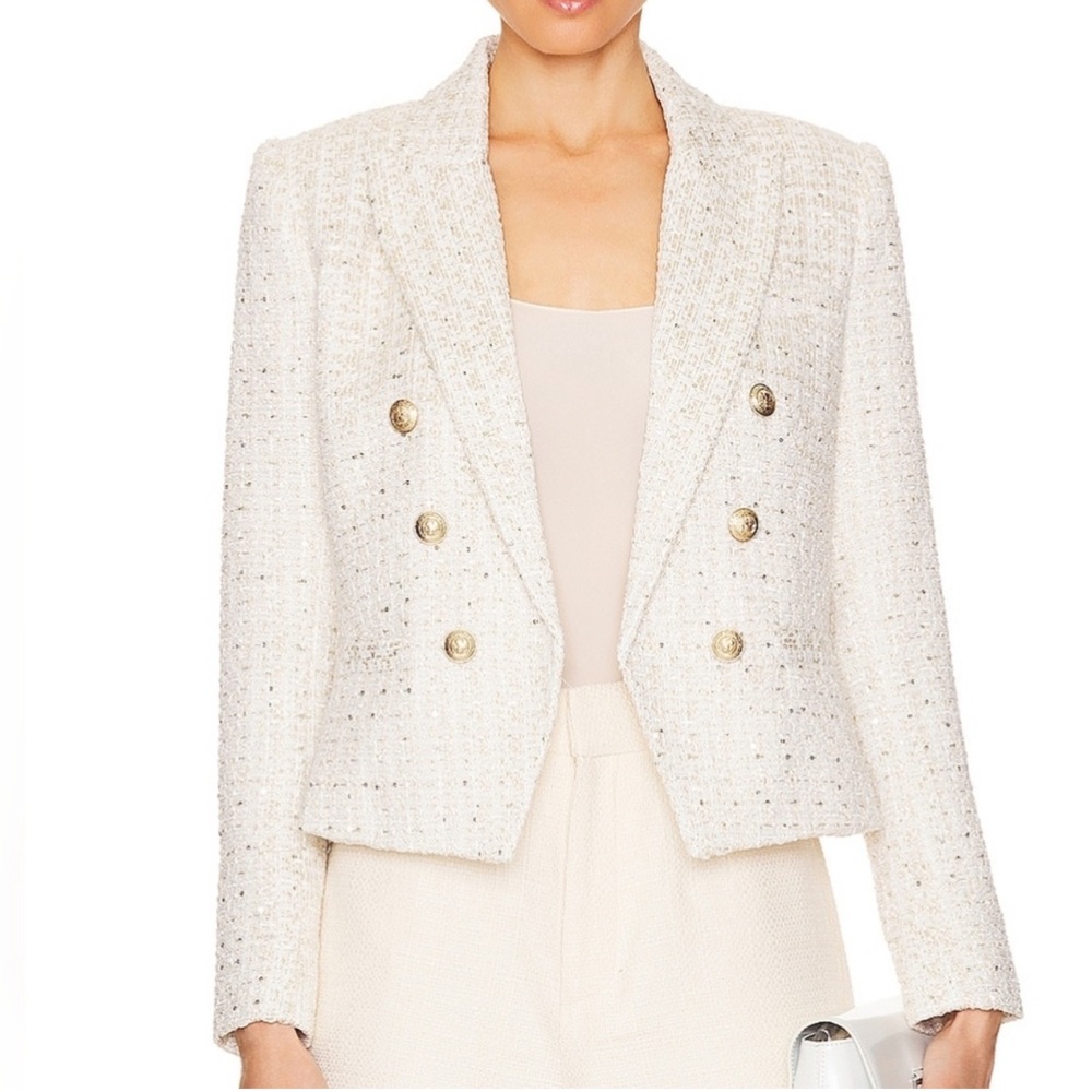 L’AGENCE Brooke Open Front Double Breasted White/Gold Tweed Blazer Size 12 - Picture 3 of 8